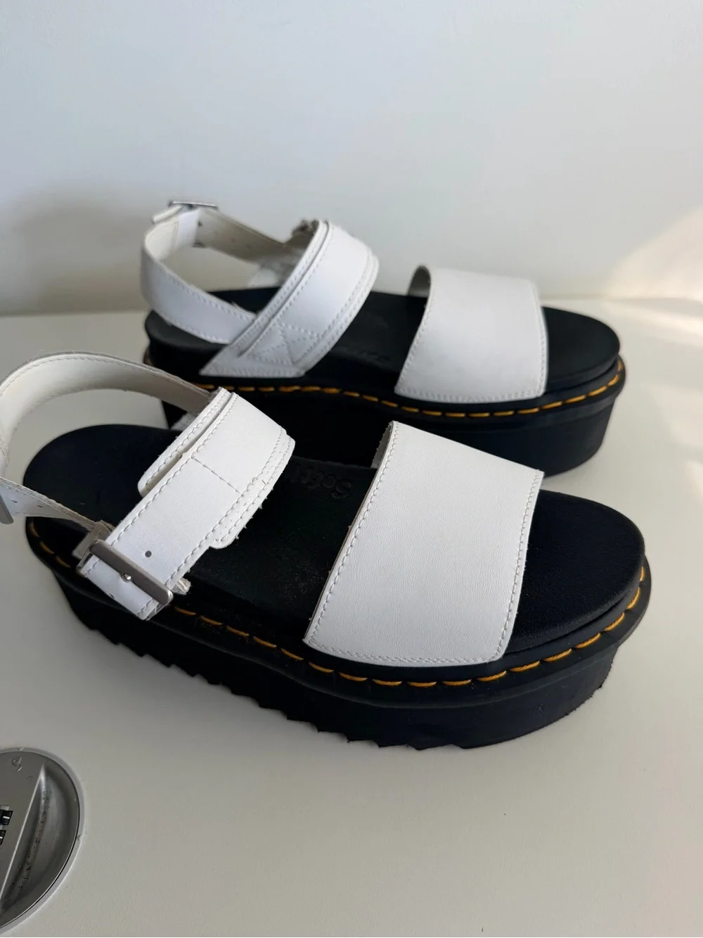 Dr Martens White Platform Leather Sandals with Black Sole